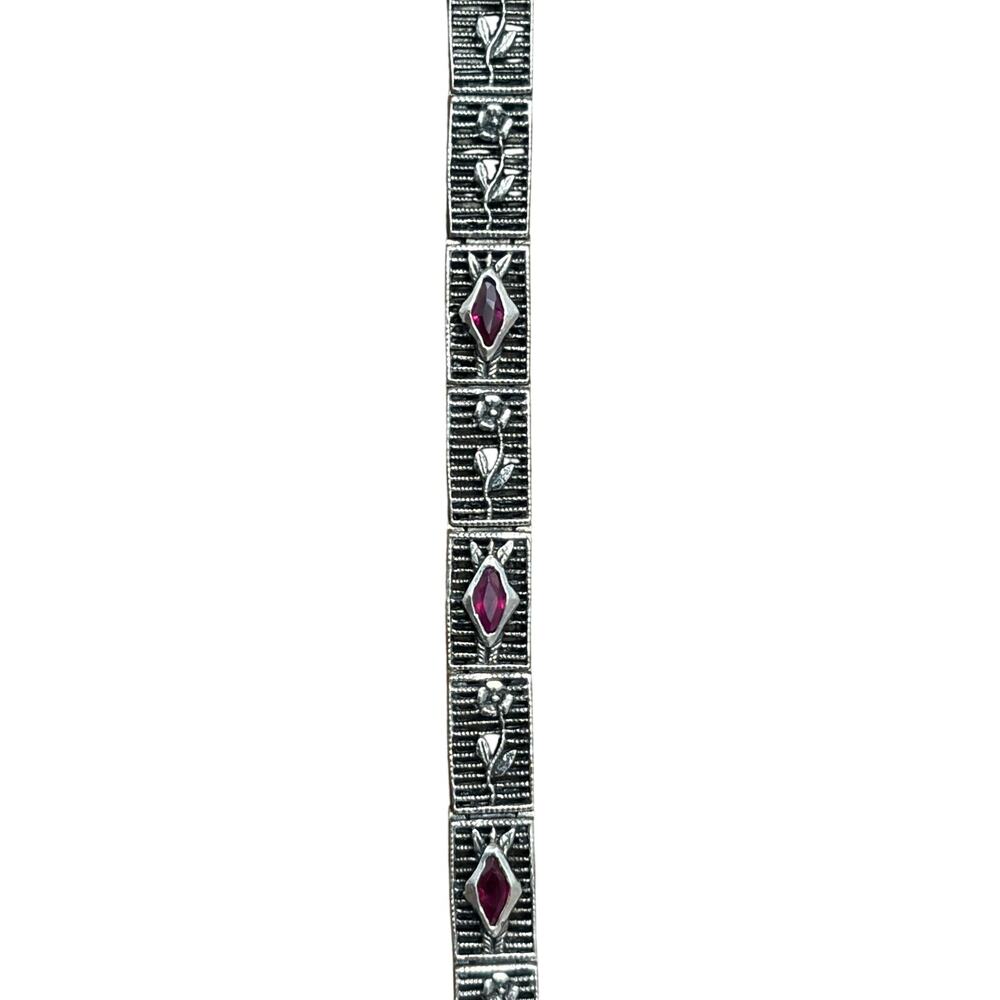 Vintage Art Deco Sterling Silver Ruby Gemstone Filigree Bangle Bracelet 7"